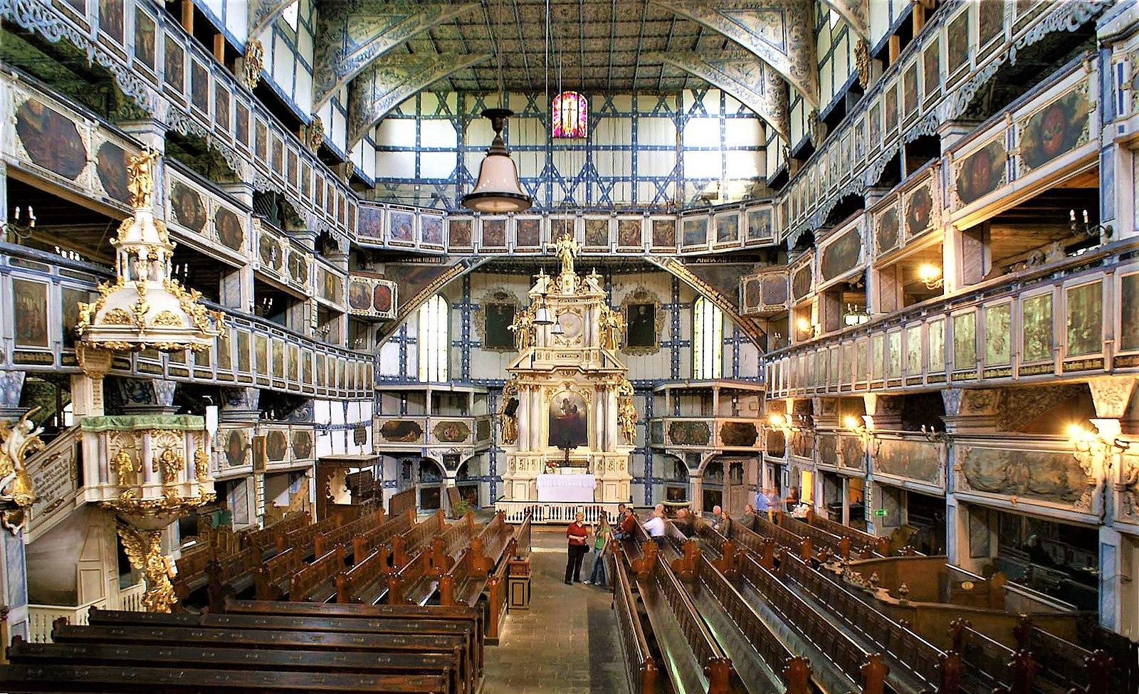 Interior of the Church of Peace in Jawor with timber galleries